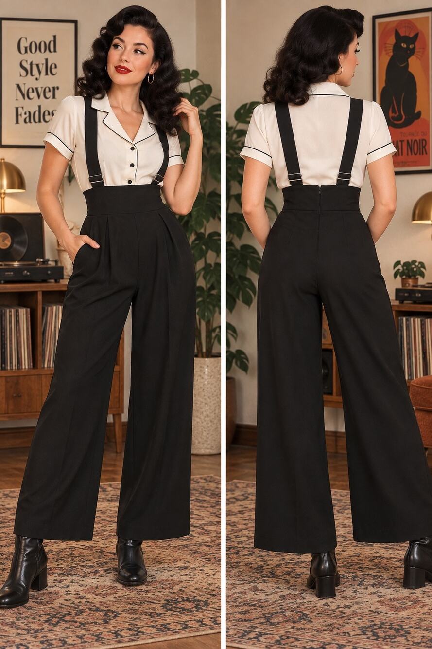 Unique Vintage Black High Waist Suspender Wide Leg Pant S Retro Pinup Rockabilly